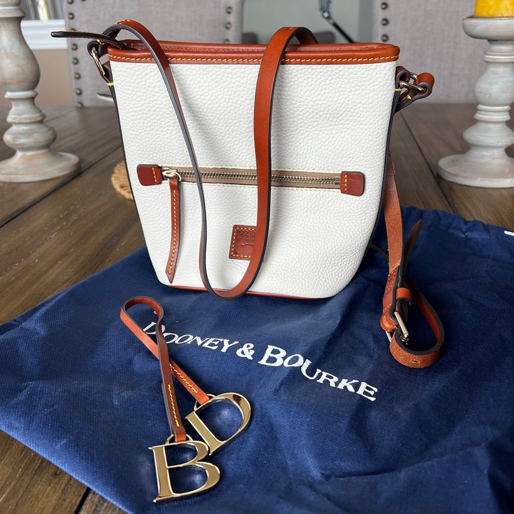 Dooney & Bourke Cream Pebble Leather Crossbody with Brown Trim and Gold Hardware